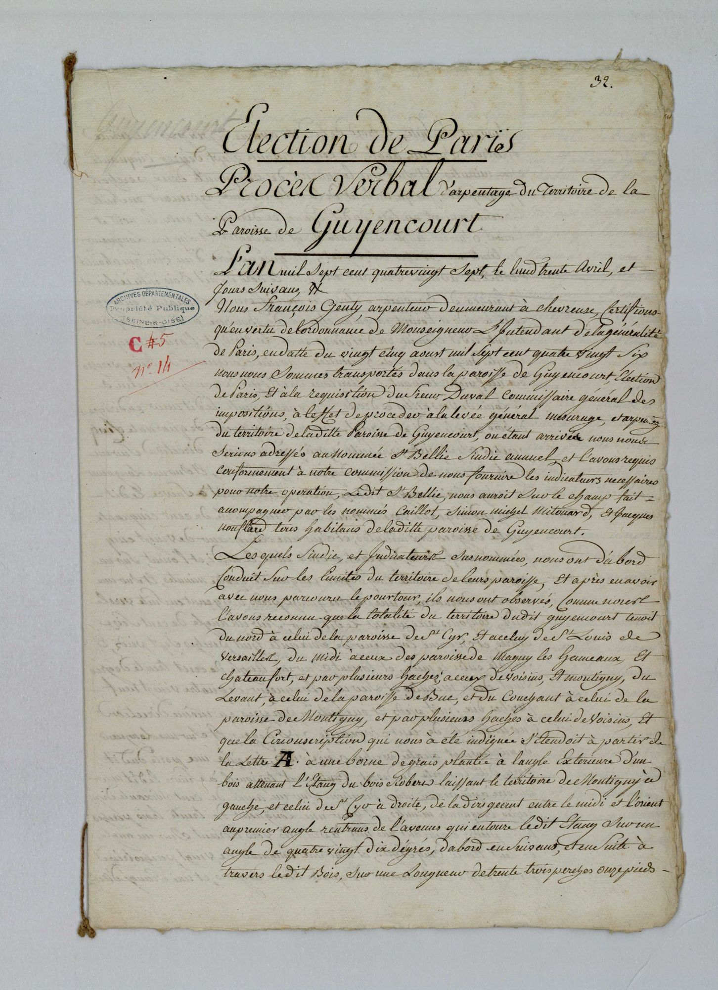 Guyancourt - Procès-verbal d'arpentage du territoire de la paroisse de Guyancourt