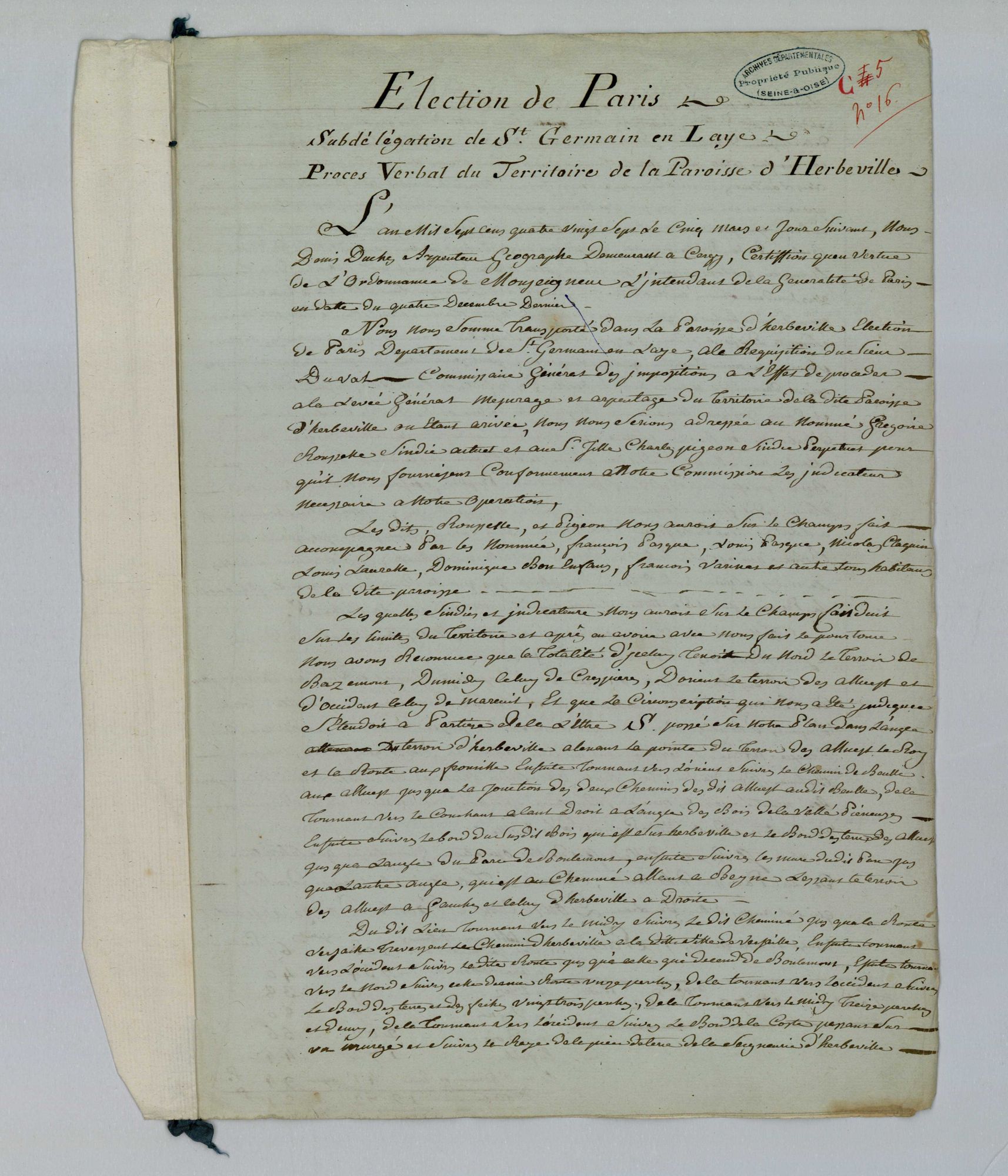 Herbeville - Procès-verbal d'arpentage du territoire de la paroisse de Herbeville