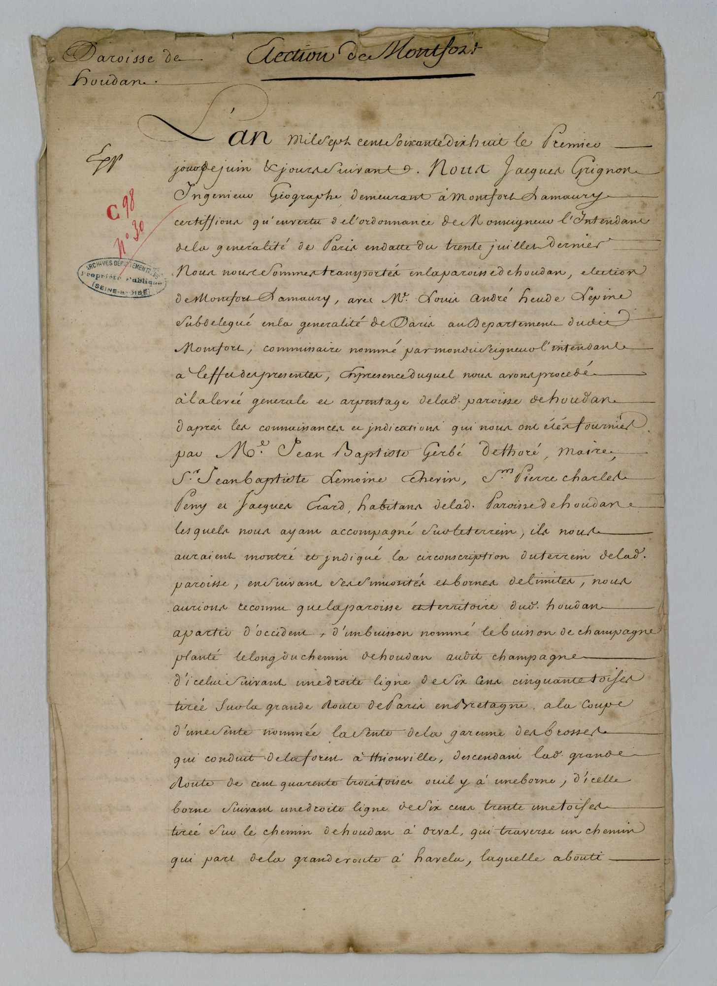 Houdan - Procès-verbal d'arpentage du territoire de la paroisse de Houdan