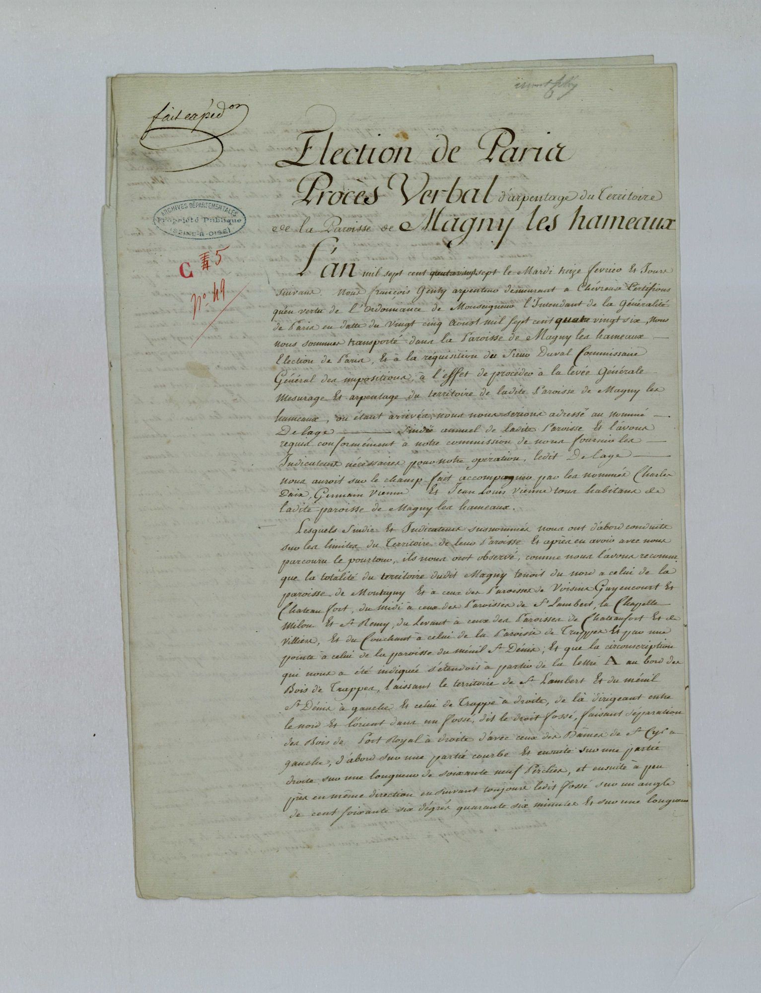 Magny-les-Hameaux - Procès-verbal d'arpentage du territoire de la paroisse de Magny-les-Hameaux