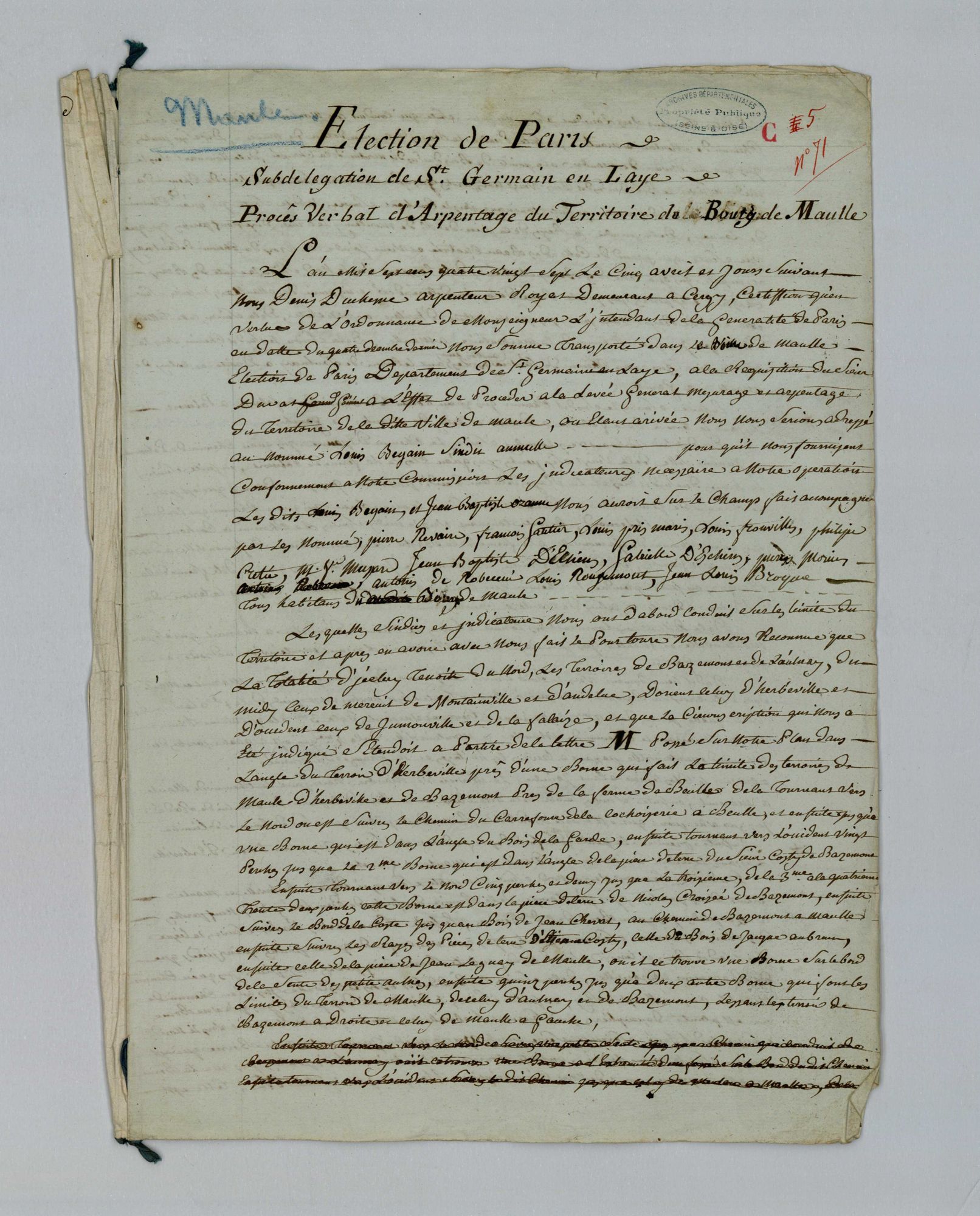 Maule - Procès-verbal d'arpentage du territoire de la paroisse de Maule