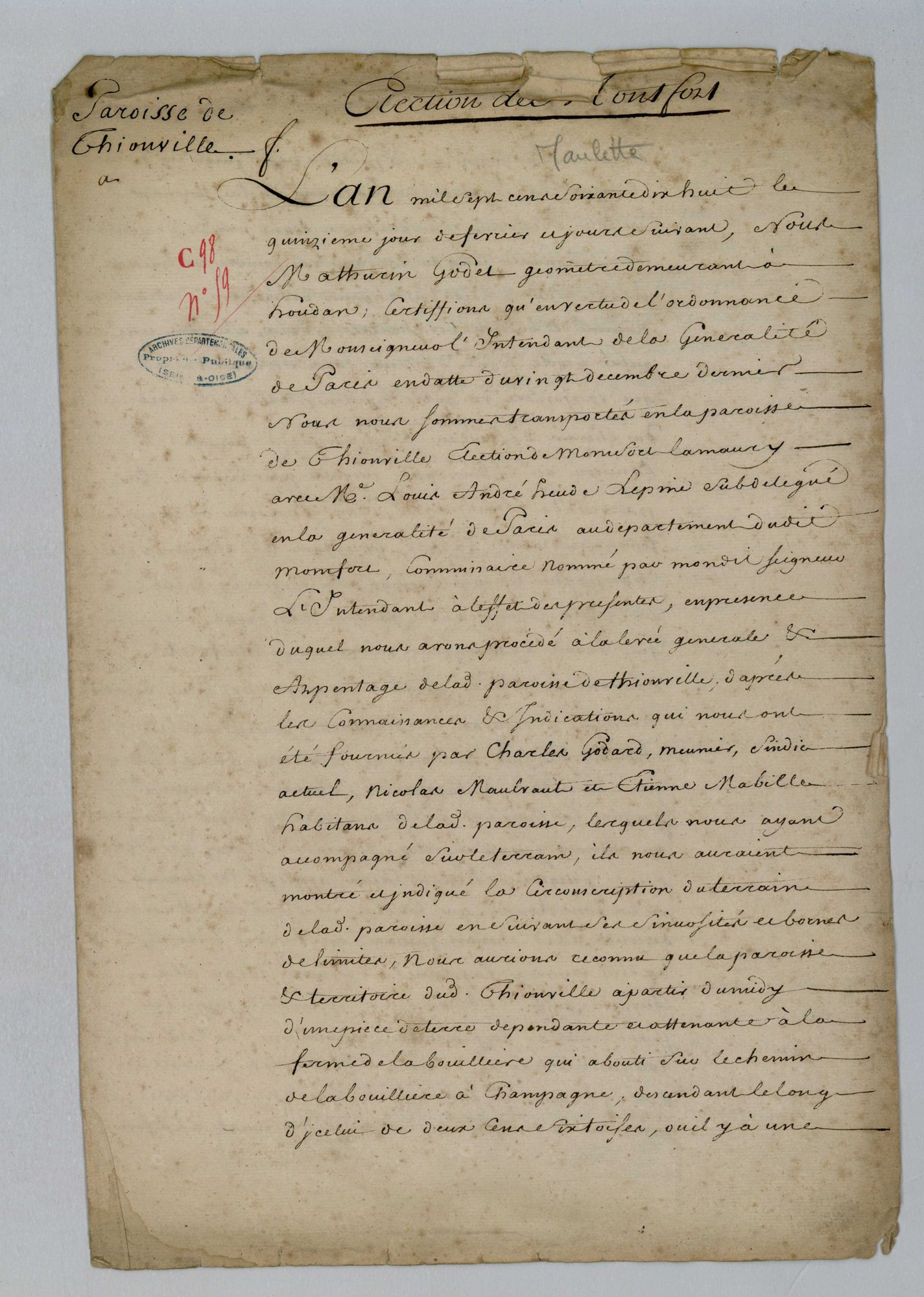 Maulette - Procès-verbal d'arpentage du territoire de la paroisse de Maulette