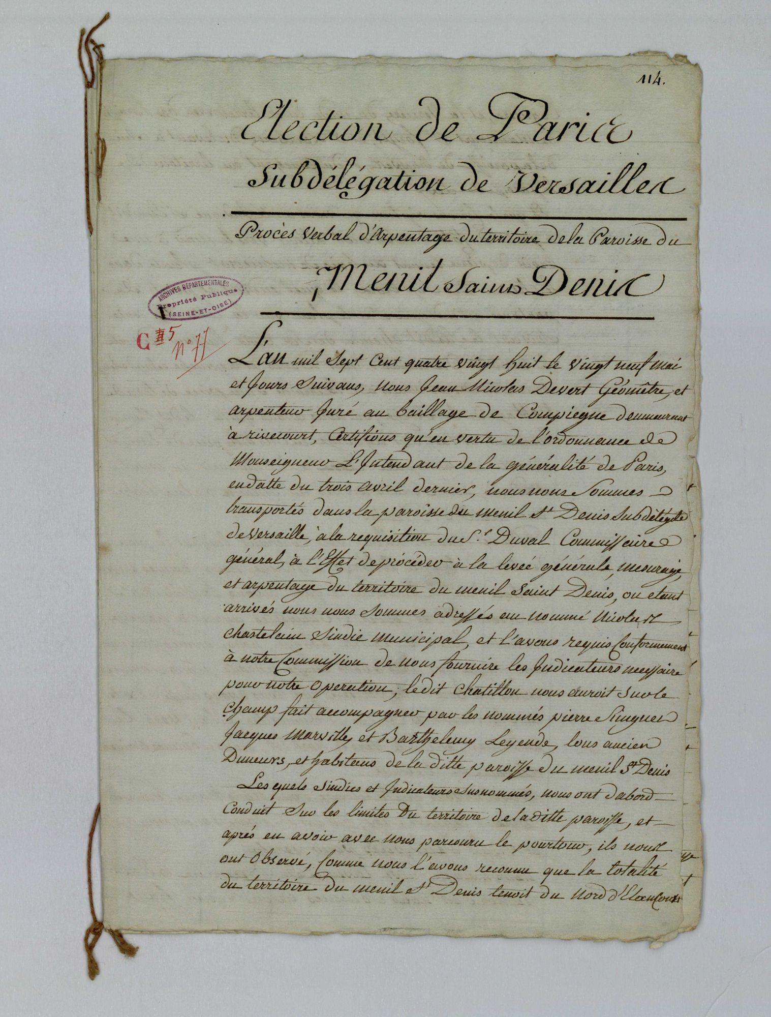 Le Mesnil-Saint-Denis - Procès-verbal d'arpentage du territoire de la paroisse du Mesnil-Saint-Denis