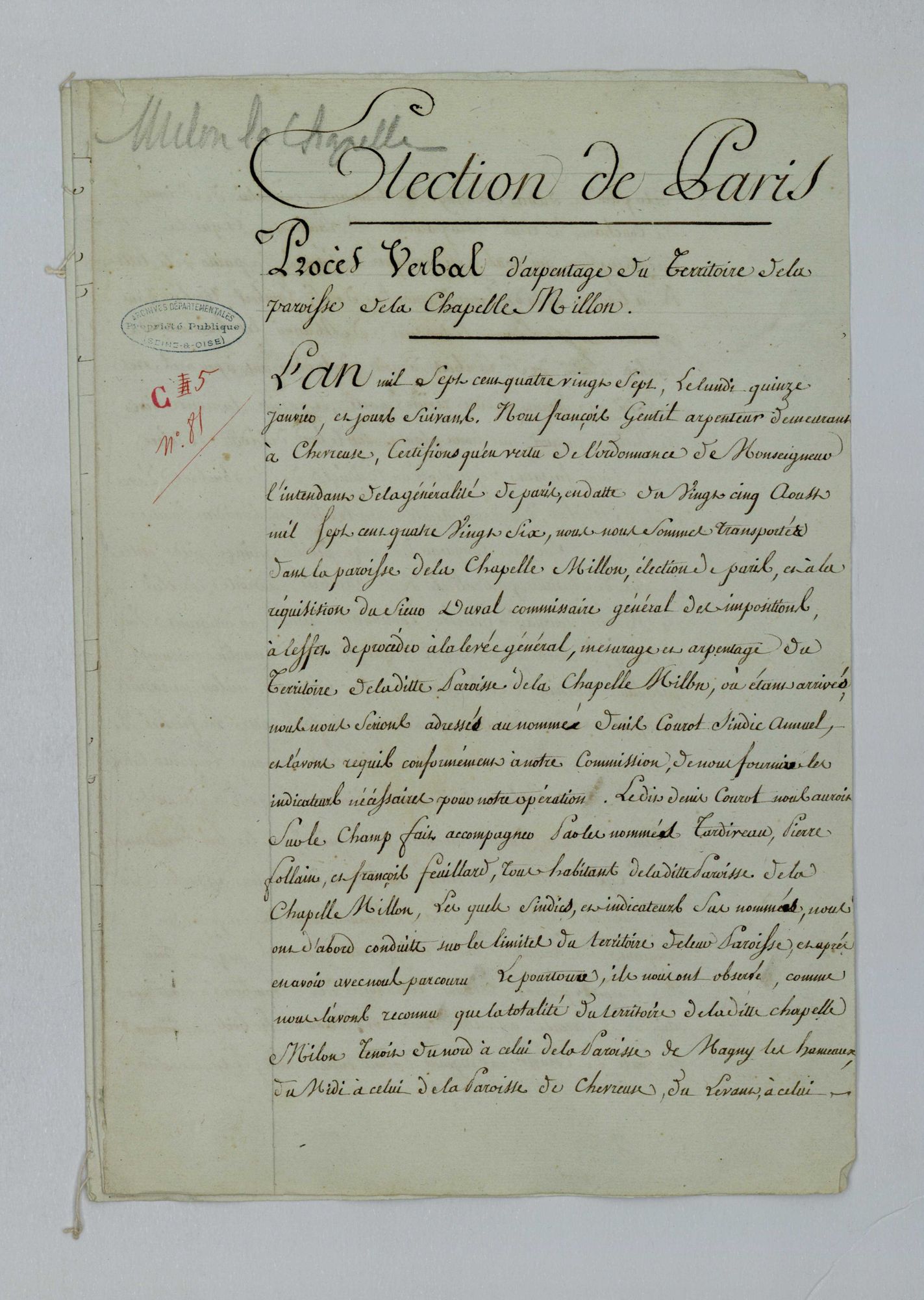 Milon-la-Chapelle - Procès-verbal d'arpentage du territoire de la paroisse de Milon-la-Chapelle