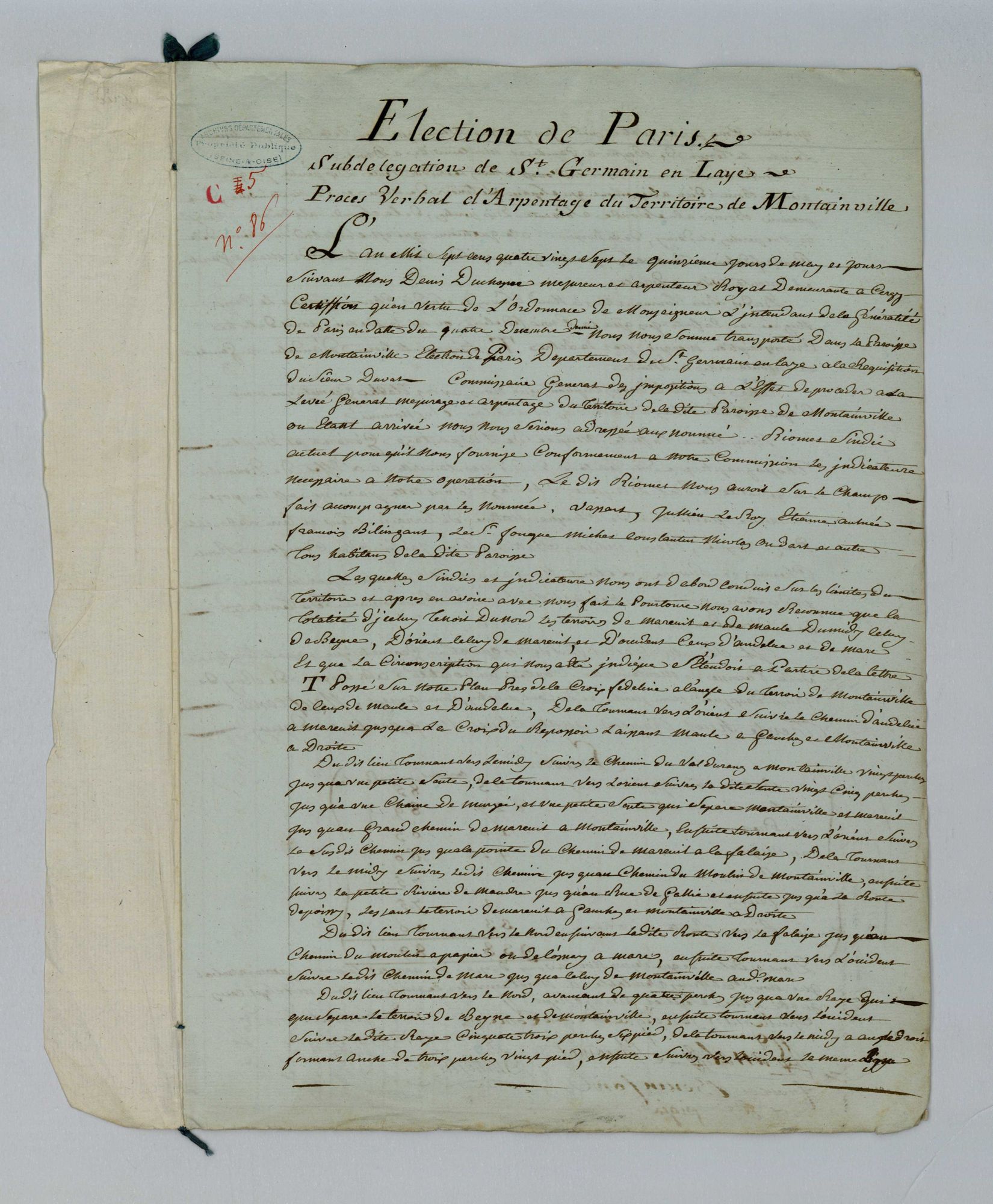Montainville - Procès-verbal d'arpentage du territoire de la paroisse de Montainville