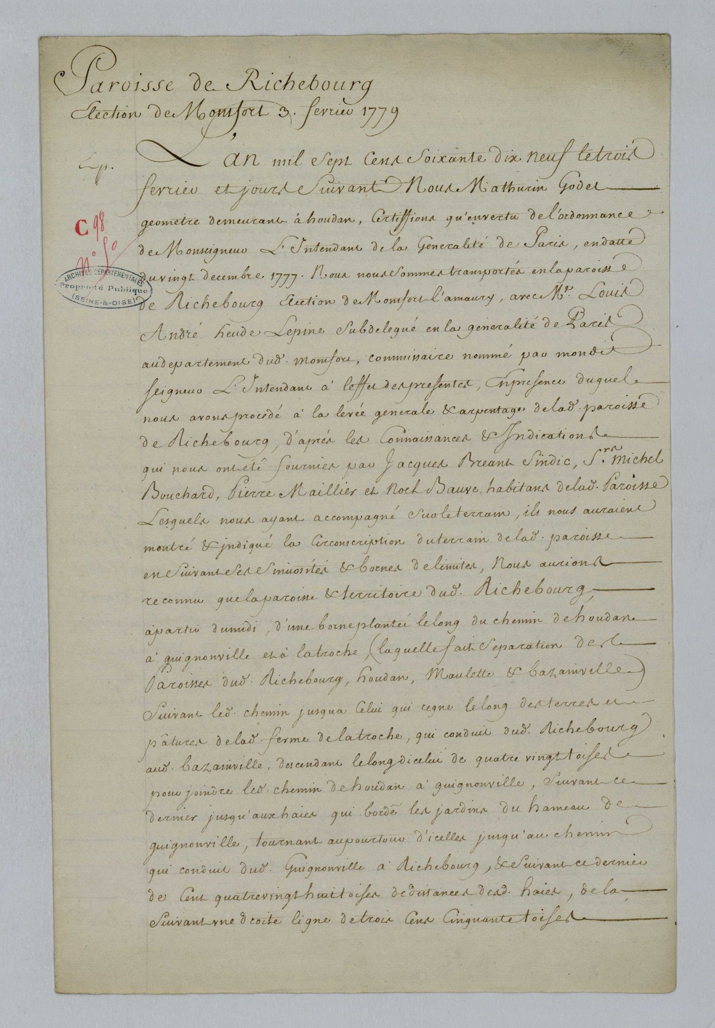 Richebourg - Procès-verbal d'arpentage du territoire de la paroisse de Richebourg
