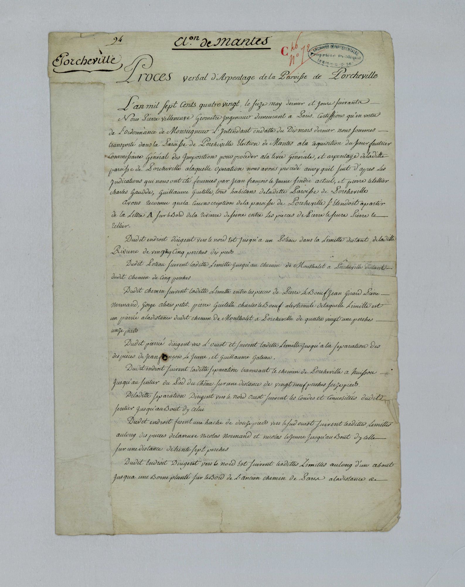 Rochefort-en-Yvelines - Procès-verbal d'arpentage du territoire de la paroisse de Porcheville