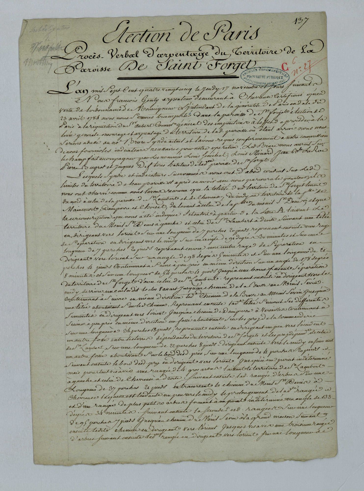 Saint-Forget - Procès-verbal d'arpentage du territoire de la paroisse de Saint-Forget