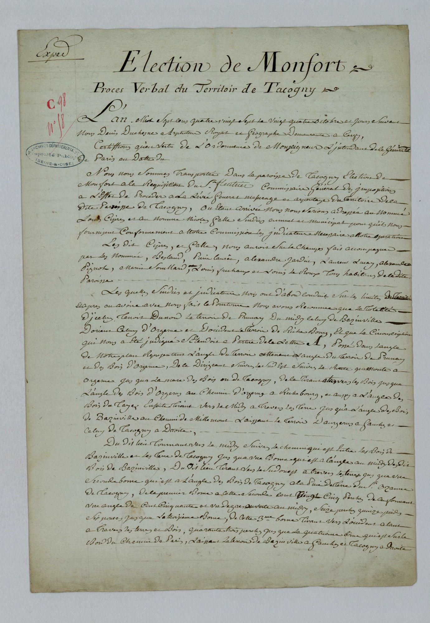 Tacoignières - Procès-verbal d'arpentage du territoire de la paroisse de Tacoignières