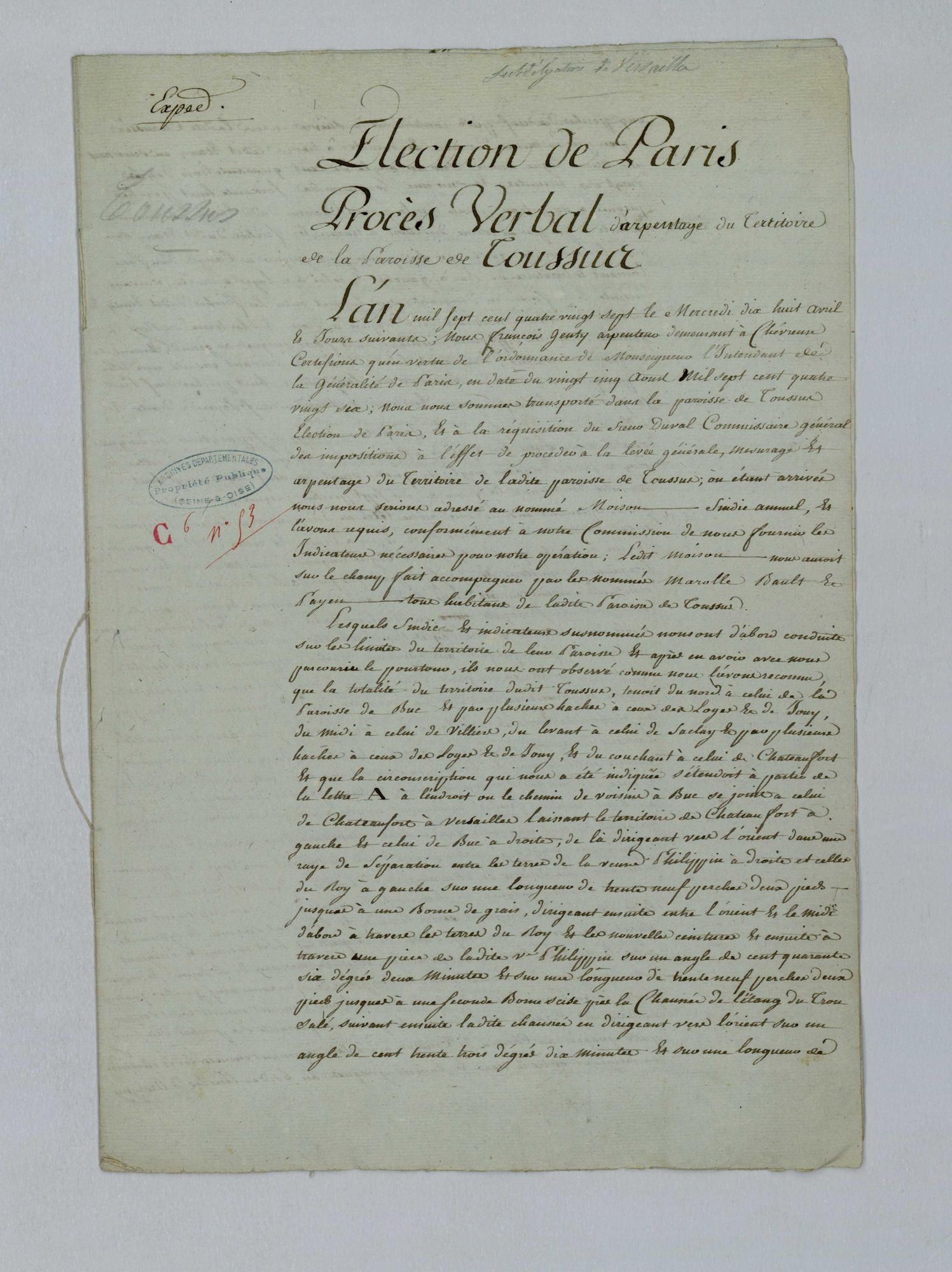 Toussus-le-Noble - Procès-verbal d'arpentage du territoire de la paroisse de Toussus-le-Noble