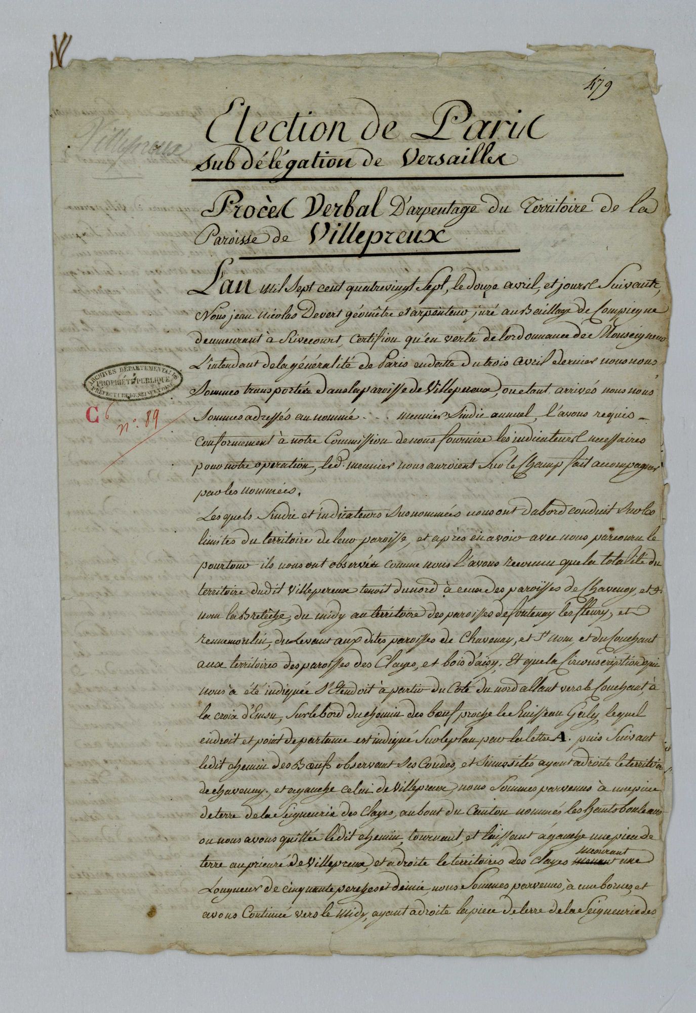Villepreux - Procès-verbal d'arpentage du territoire de la paroisse de Villepreux
