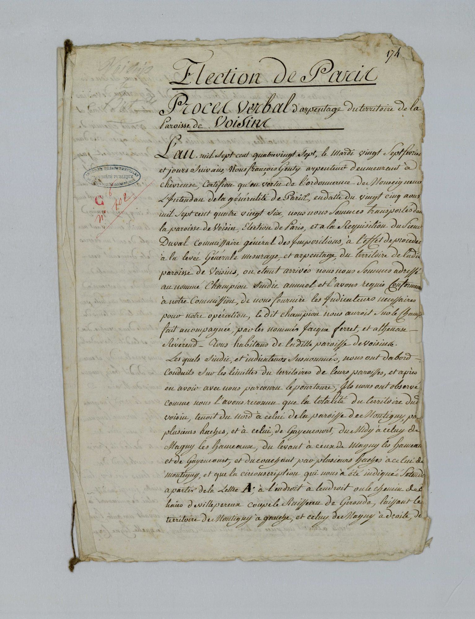 Voisins-le-Bretonneux - Procès-verbal d'arpentage du territoire de la paroisse de Voisins-le-Bretonneux