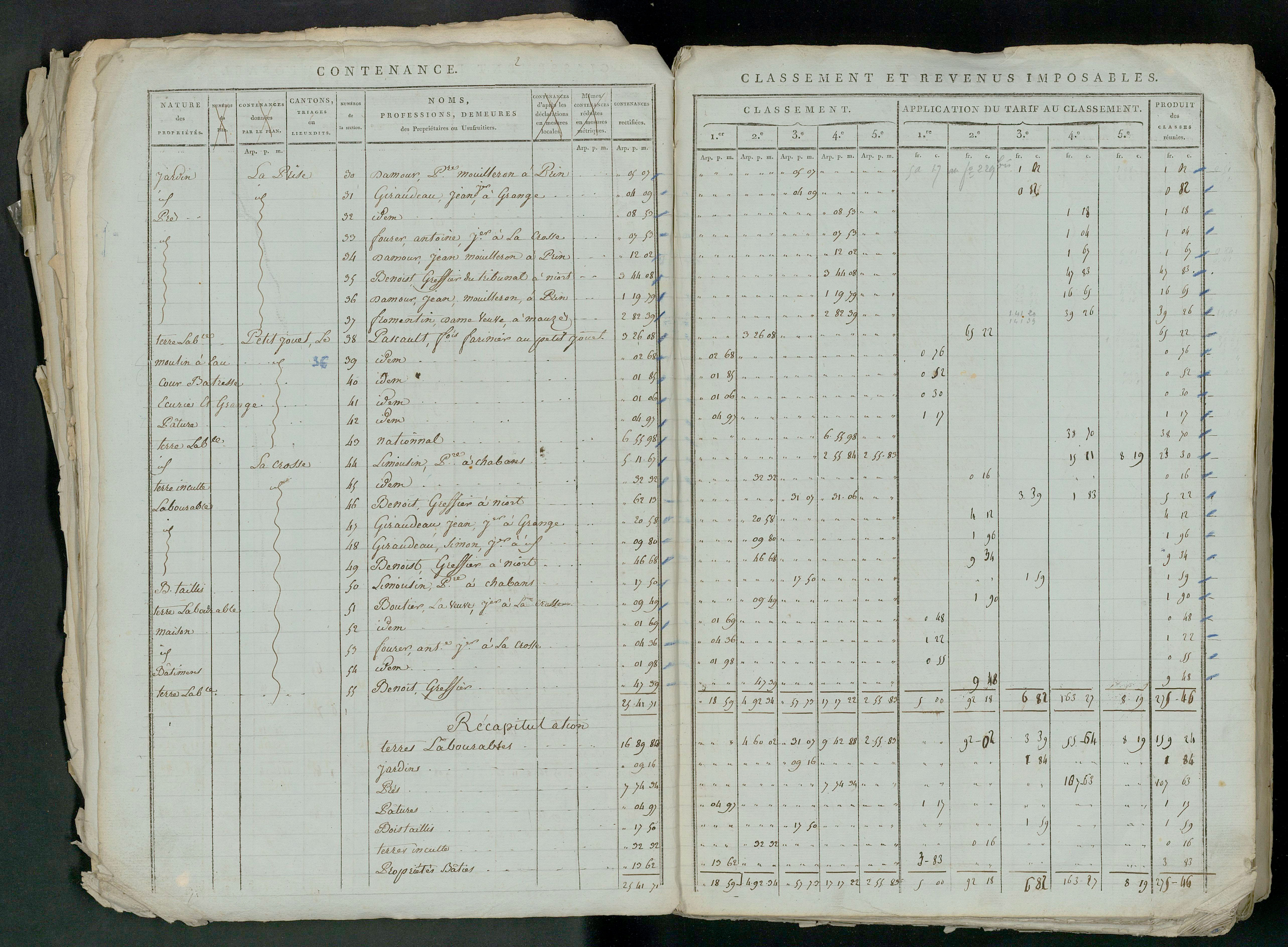 Prin-Deyrançon - FRAD079_CADASTRE_NAPOLEONIEN_MATRICES État de section et relevé des numéros de même nature de propriété 