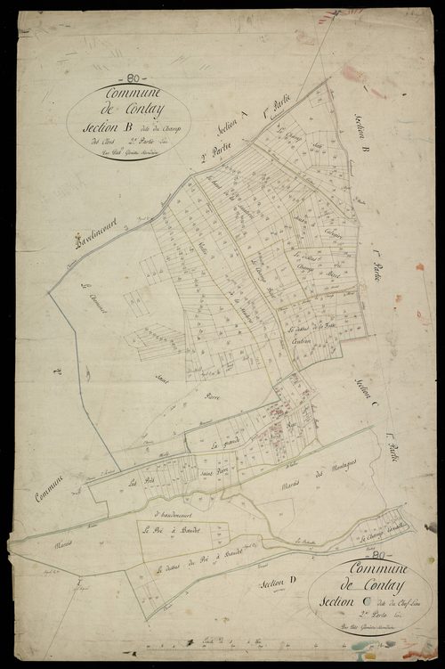 Plan du cadastre napoléonien - Contay : Champ des Clers (Le) ; Chef-lieu (Le), B2 et C2
