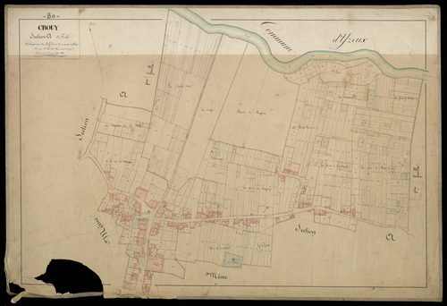 Plan du cadastre napoléonien - Crouy-Saint-Pierre (Crouy) : Chef-lieu (Le) ; Près (Les), A2 (développement du Chef-lieu et d'une partie des Prés)
