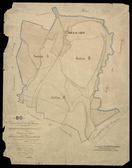 Plan du cadastre napoléonien - Fouencamps : tableau d'assemblage (1809, copie de 1839, remembrement 1929)