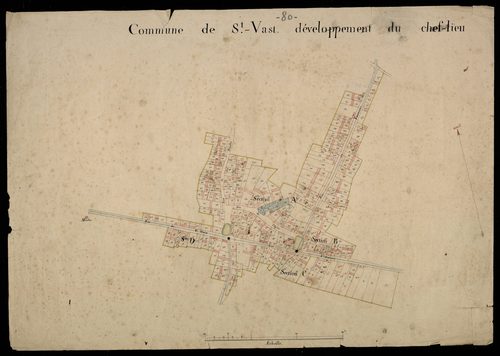 Plan du cadastre napoléonien - Saint-Vast-en-Chaussée (Saint-Vast) : Chef-lieu (Le), développement du Chef-lieu, partie des sections A, B, C et D