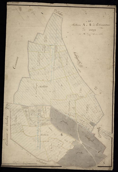 Plan du cadastre napoléonien - Warsy : A, B et parcelles développées de A