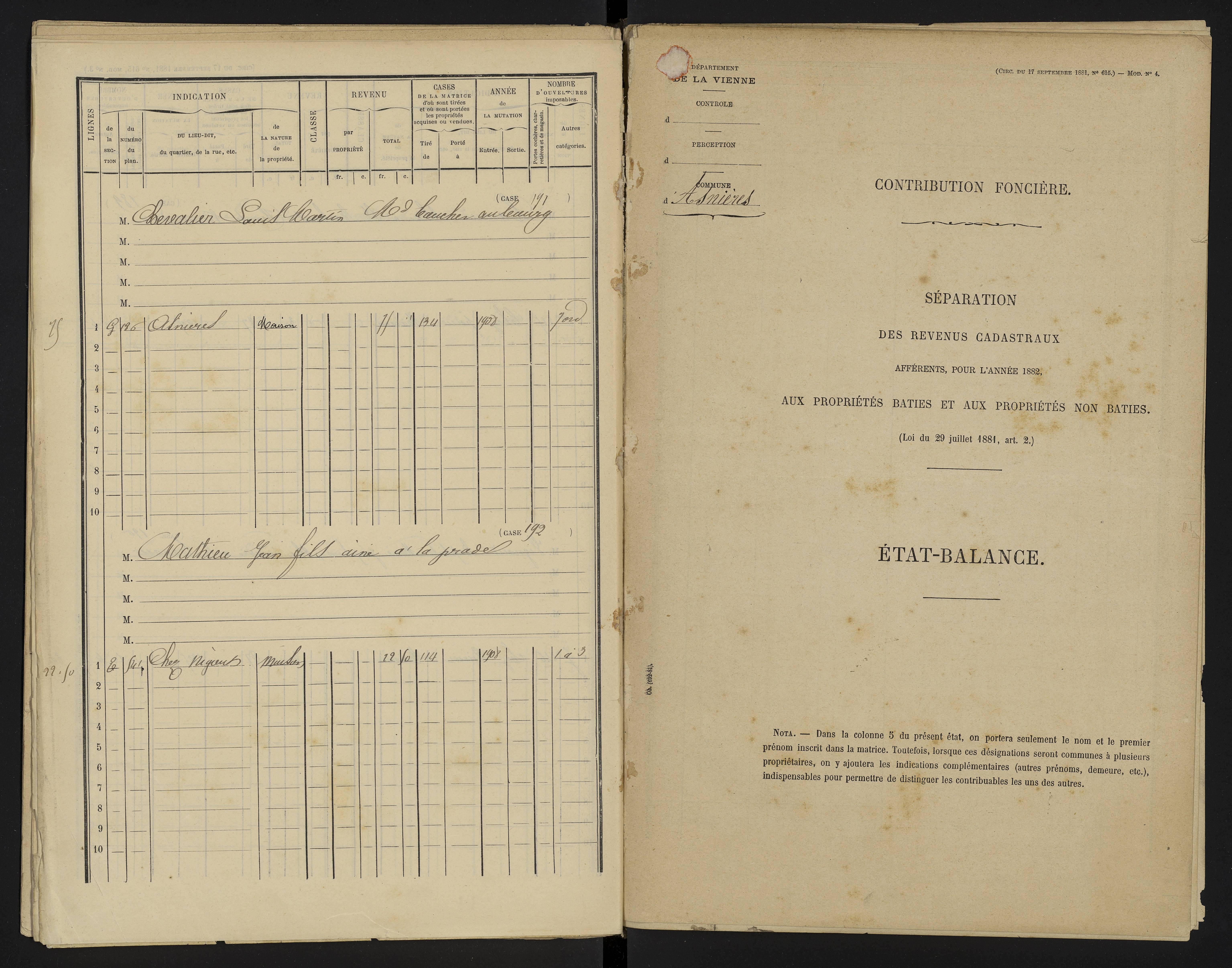 Asnières-sur-Blour - FRAD086_cadastre Cases 1-192 