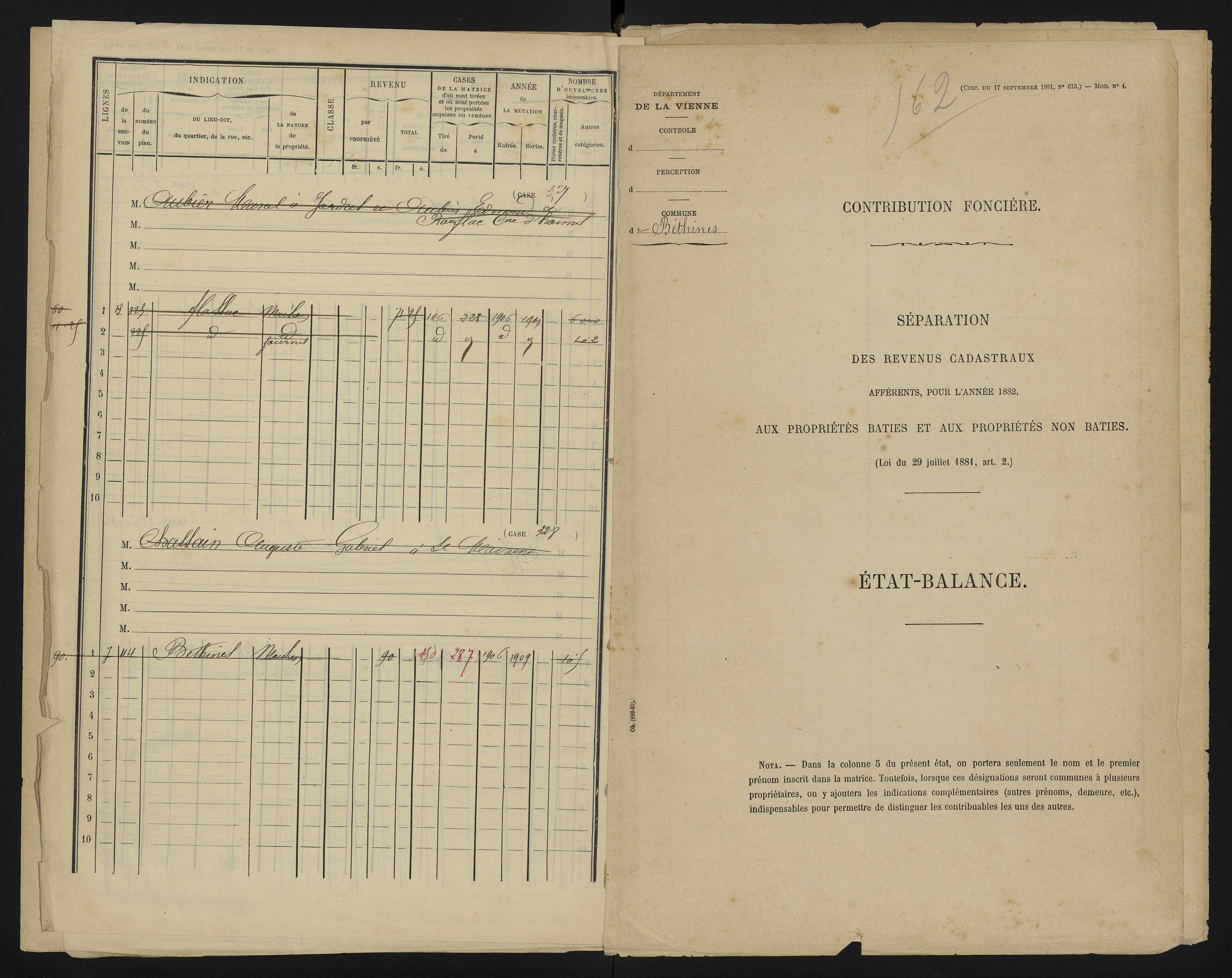 Béthines - FRAD086_cadastre Cases 1-328 
