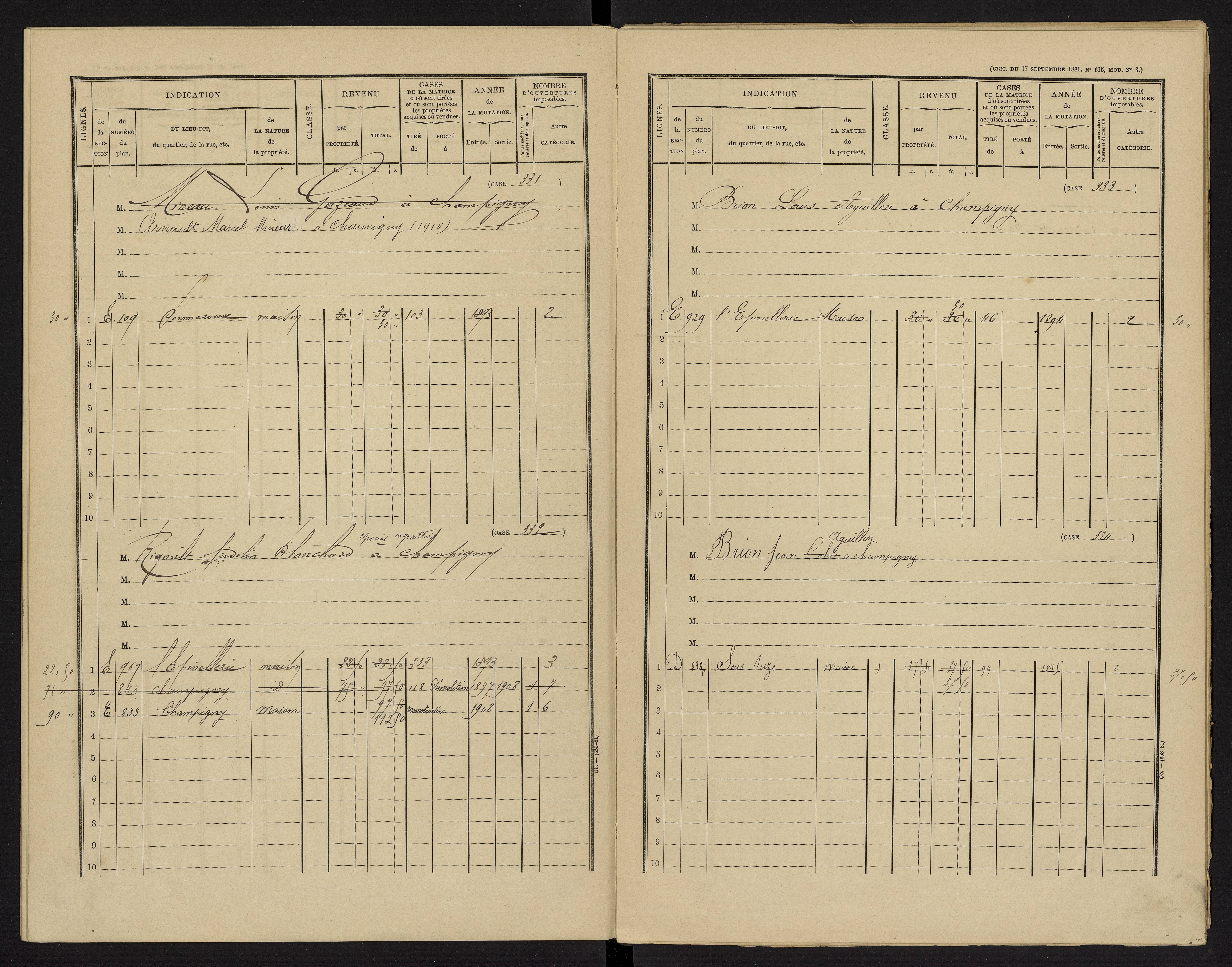 Champigny-le-Sec - FRAD086_cadastre Cases 1-360 
