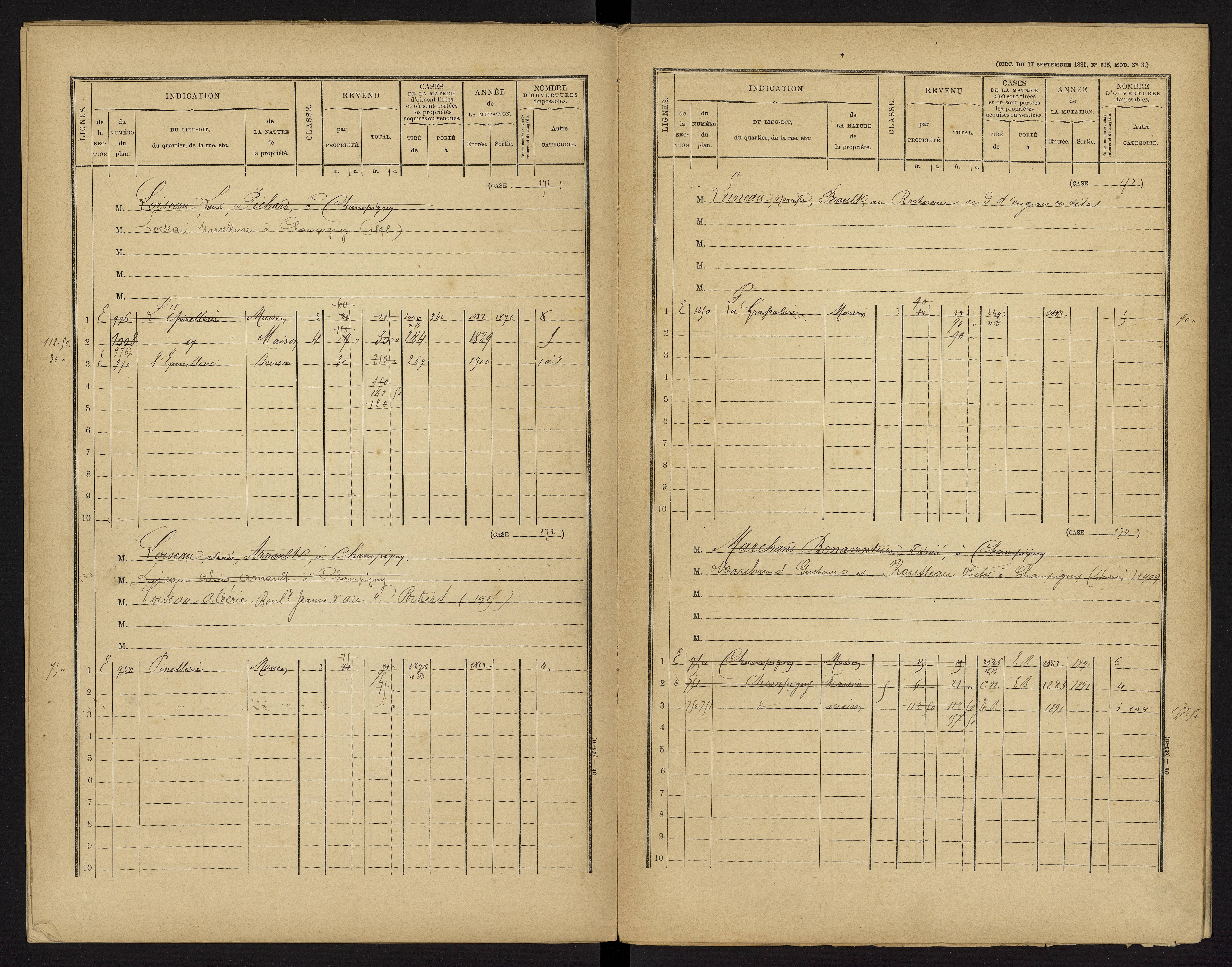 Champigny-le-Sec - FRAD086_cadastre Cases 1-360 