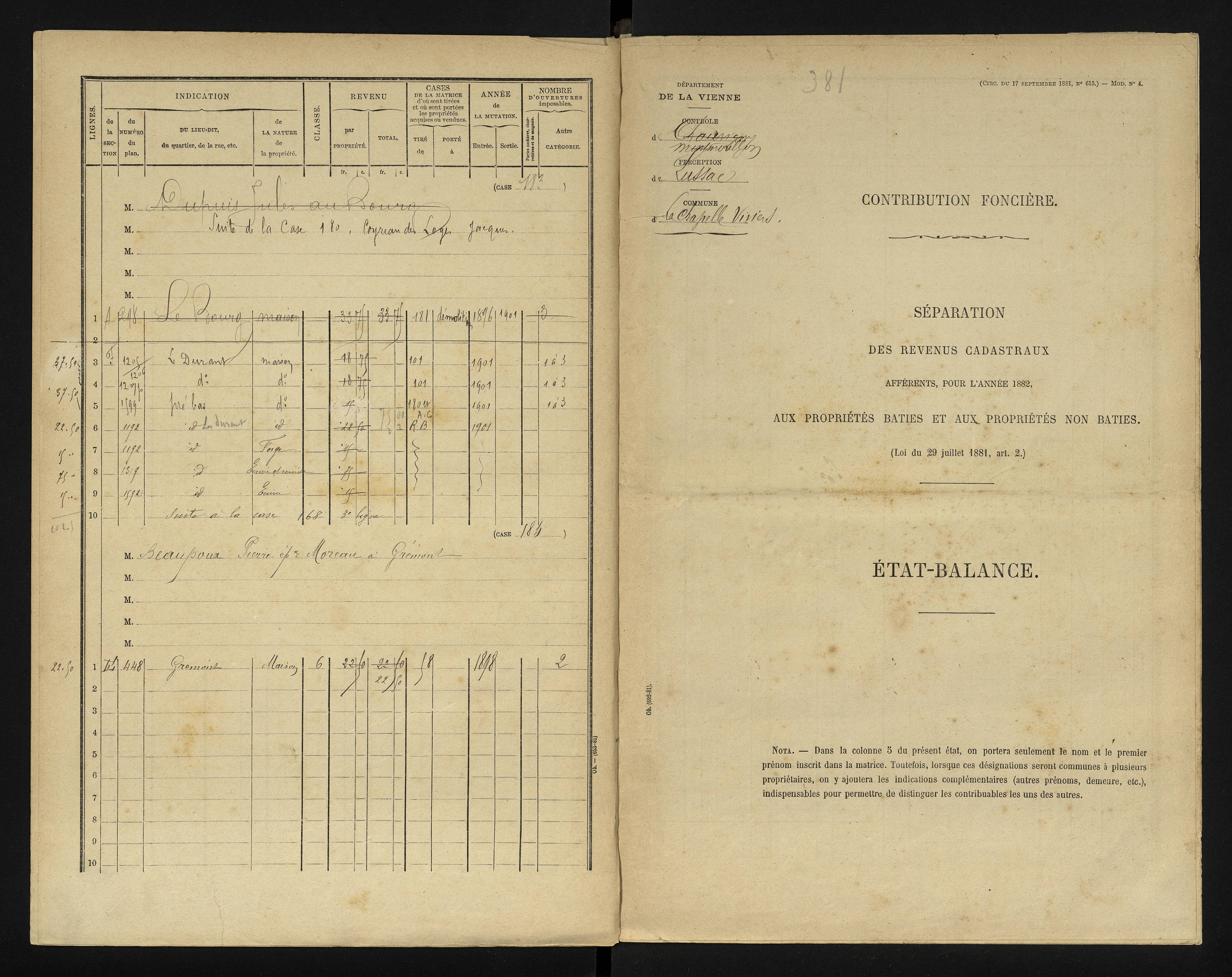 Chapelle-Viviers - FRAD086_cadastre Cases 1-184 