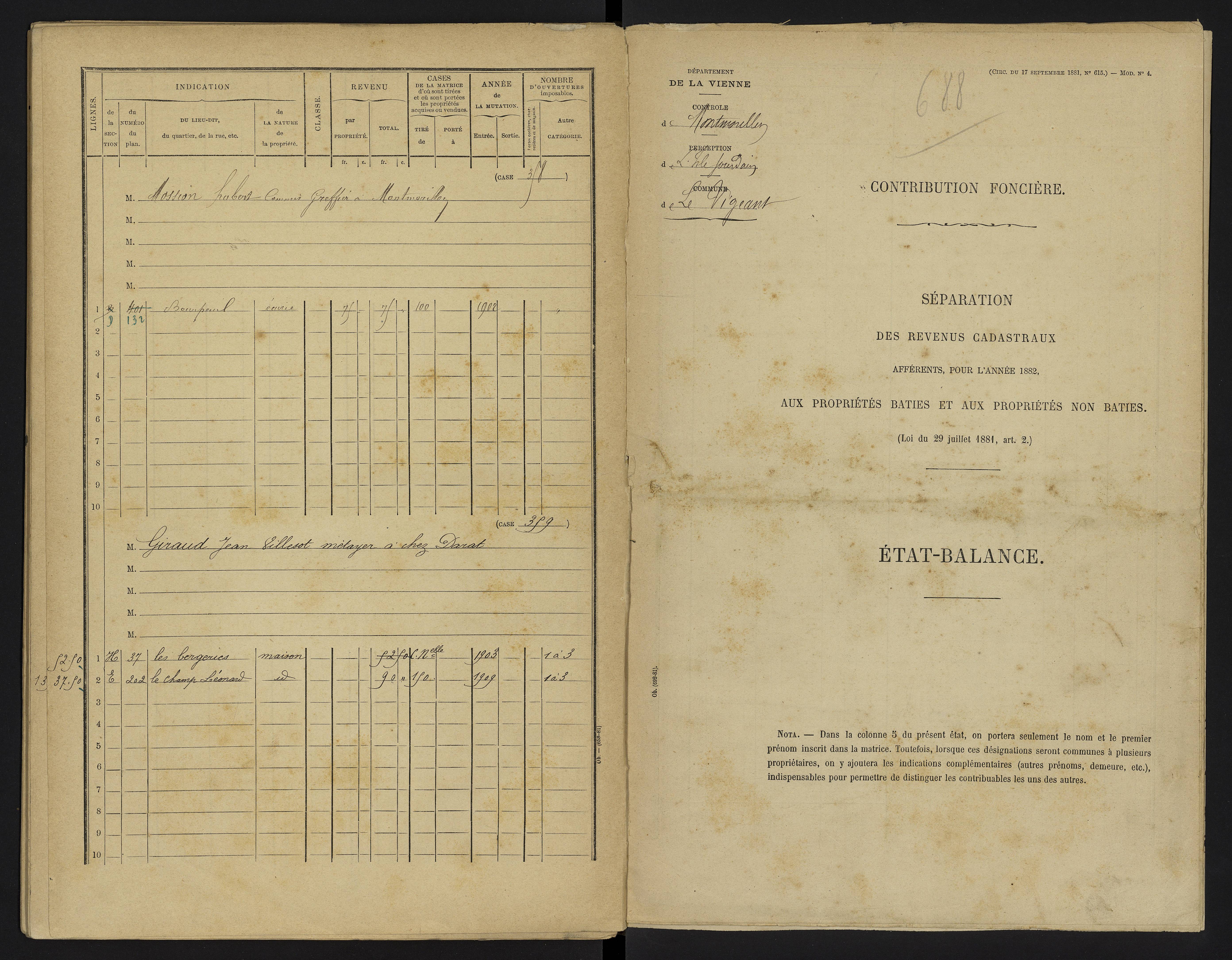 Le Vigeant - FRAD086_cadastre Cases 1-359. 