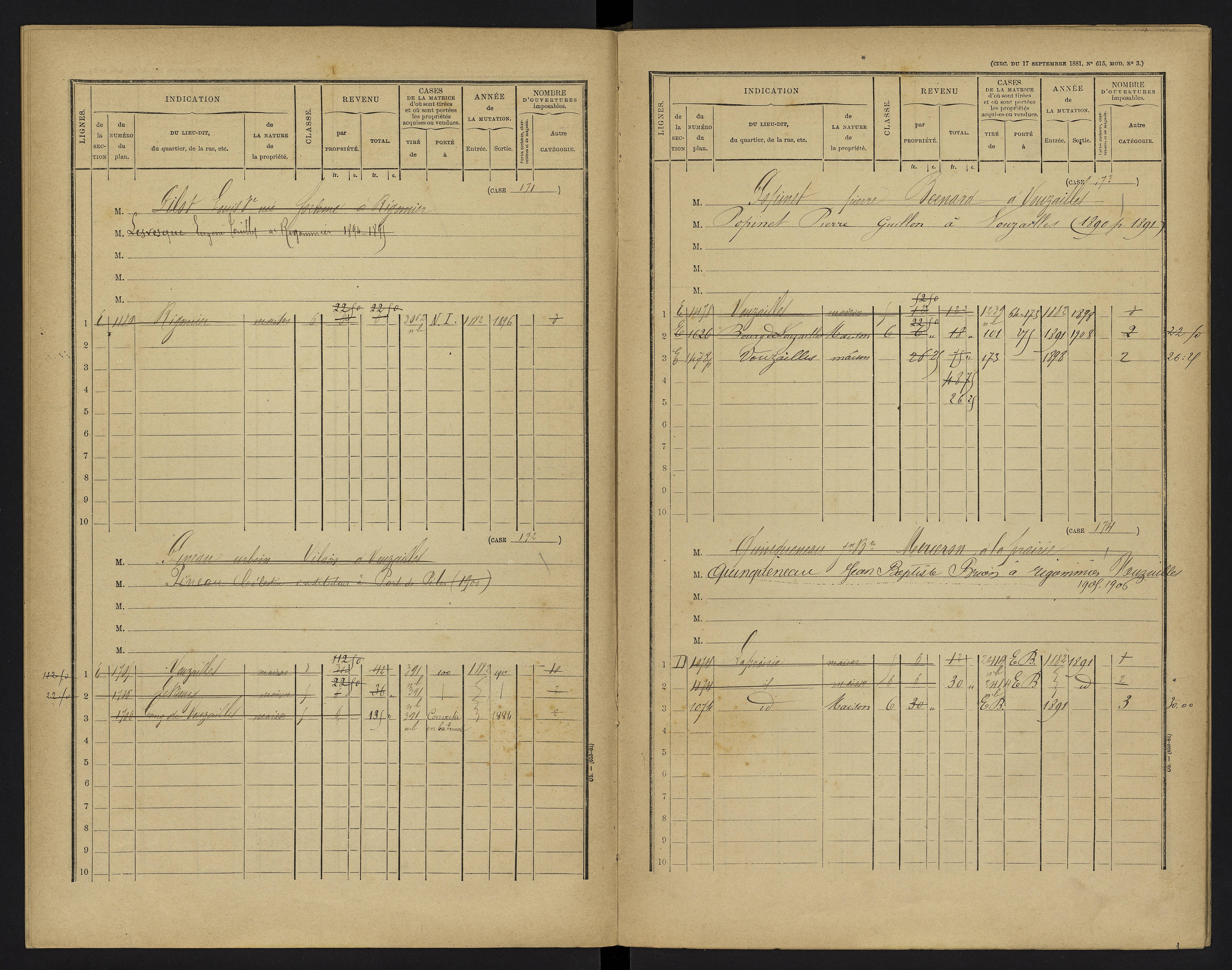 Vouzailles - FRAD086_cadastre Cases 1-279. 