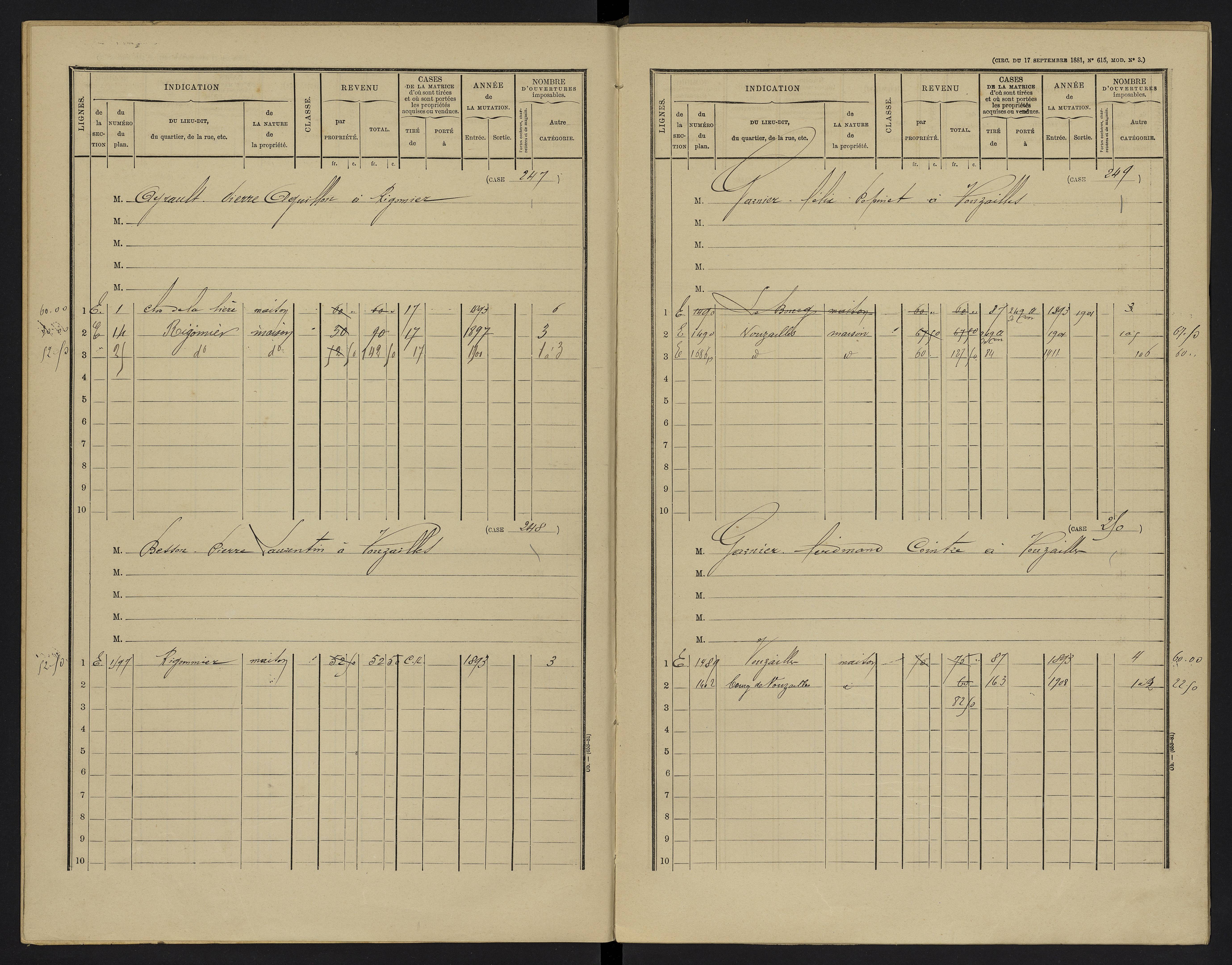 Vouzailles - FRAD086_cadastre Cases 1-279. 