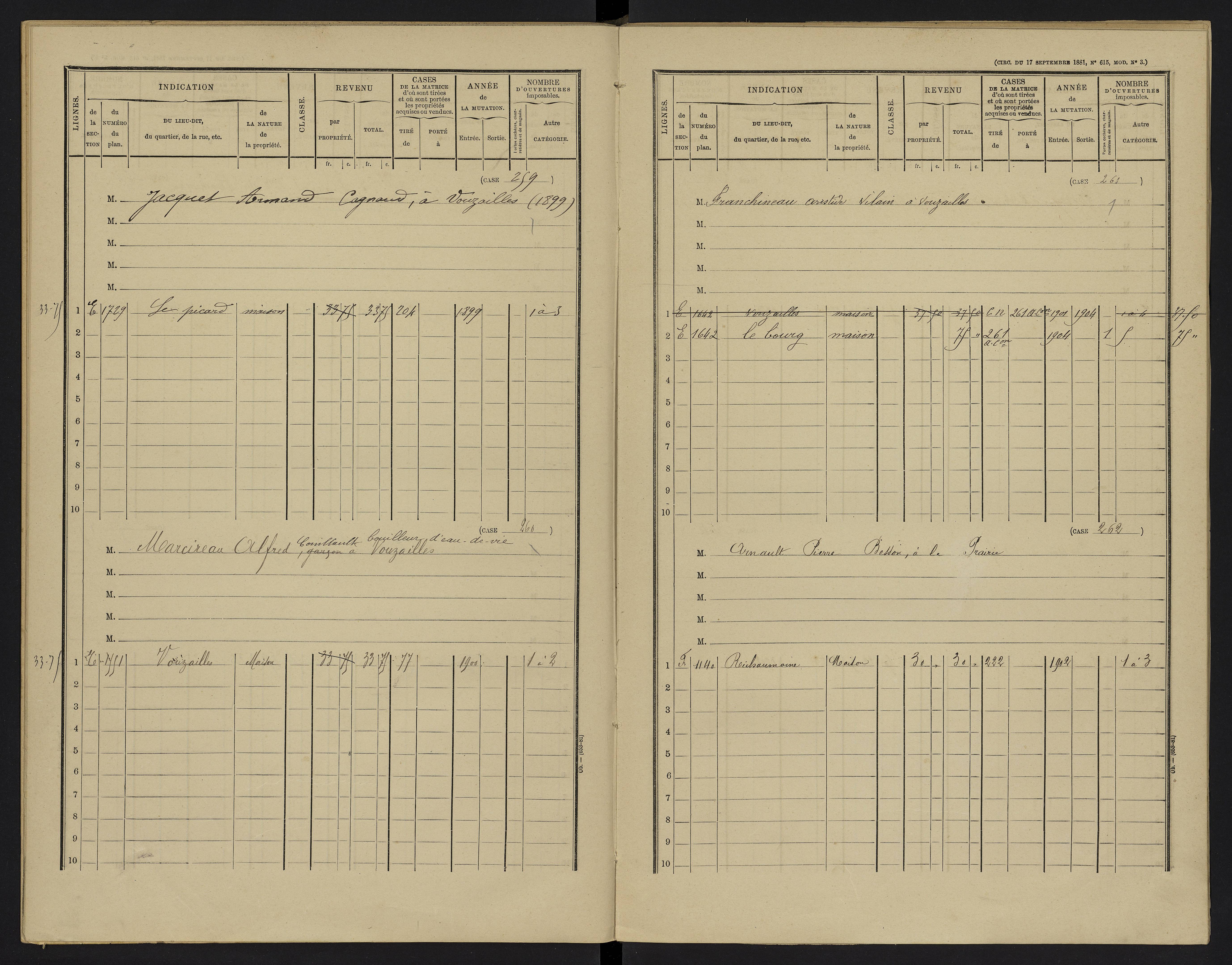 Vouzailles - FRAD086_cadastre Cases 1-279. 