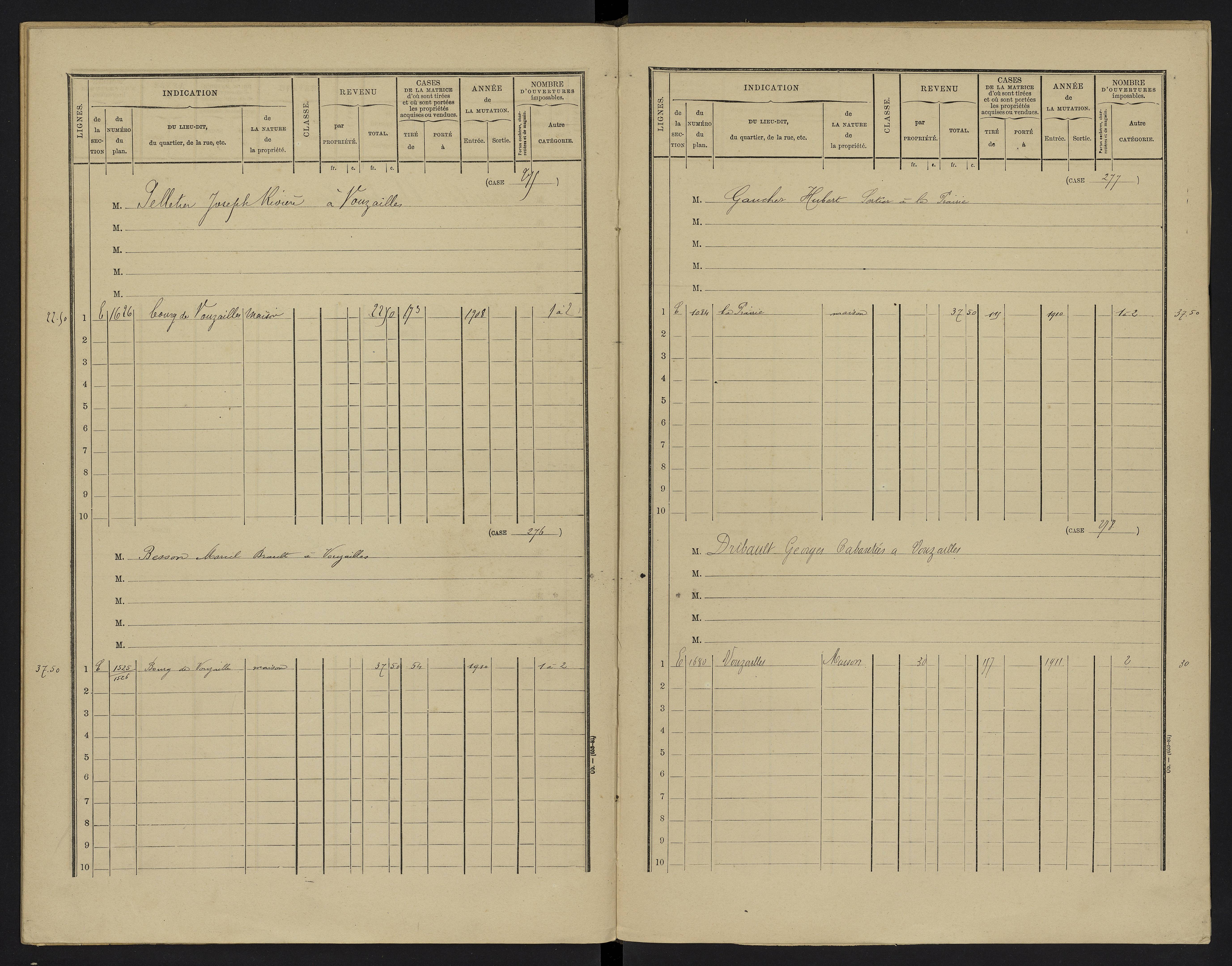 Vouzailles - FRAD086_cadastre Cases 1-279. 