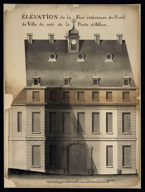 Belfort. - Construction, réparation de la maison commune : devis, marché, plans, procès-verbaux du bureau du district, correspondance (1780-1789). Construction d'une boucherie (1724). Rempiètement de la maison seigneuriale et des halles : cahier des charg