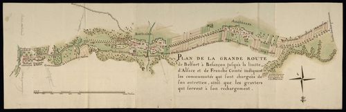 Corvées : plans indiquant les tâches d'entretien assignées aux villes et communes à proximité, route de Belfort à Montbéliard, route de Belfort à Porrentruy, route de Belfort à Besançon.
