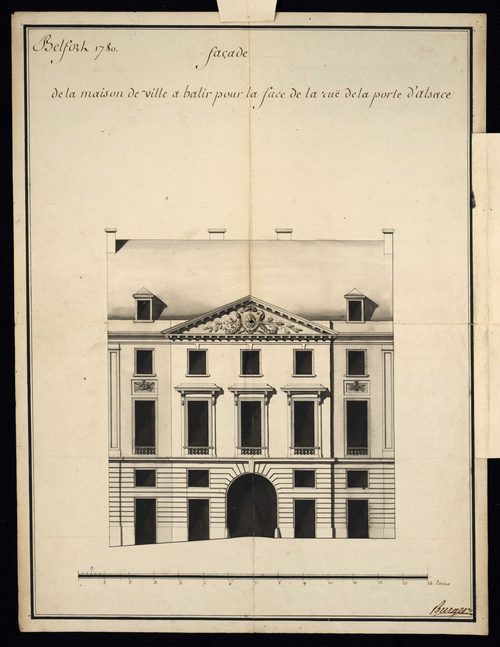 Belfort. - Construction, réparation de la maison commune : devis, marché, plans, procès-verbaux du bureau du district, correspondance (1780-1789). Construction d'une boucherie (1724). Rempiètement de la maison seigneuriale et des halles : cahier des charg