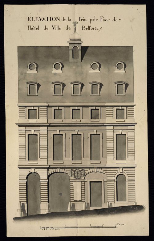 Belfort. - Construction, réparation de la maison commune : devis, marché, plans, procès-verbaux du bureau du district, correspondance (1780-1789). Construction d'une boucherie (1724). Rempiètement de la maison seigneuriale et des halles : cahier des charg