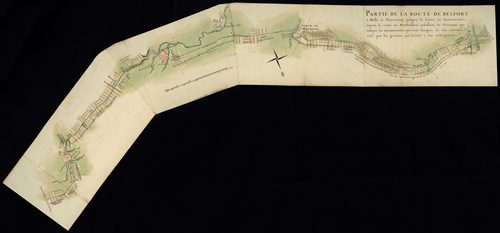 Corvées : plans indiquant les tâches d'entretien assignées aux villes et communes à proximité, route de Belfort à Montbéliard, route de Belfort à Porrentruy, route de Belfort à Besançon.