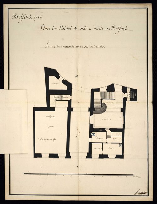 Belfort. - Construction, réparation de la maison commune : devis, marché, plans, procès-verbaux du bureau du district, correspondance (1780-1789). Construction d'une boucherie (1724). Rempiètement de la maison seigneuriale et des halles : cahier des charg