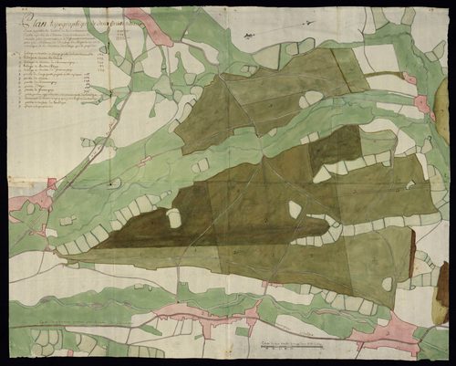 Ordonnances permettant les défrichement de forêts à Courcelles, Fontenelle, Foussemagne, Roppe, Rougegoutte, Trétudans, Vourvenans. Repiquement de la forêt de la Vaivre assignée aux communes de Grosmagny, Rougegoutte, Chaux, Sermamagny, Eloie (un plan) ; 