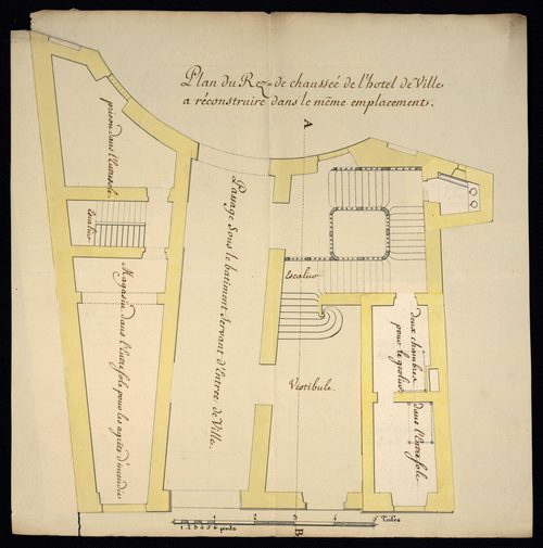 Belfort. - Construction, réparation de la maison commune : devis, marché, plans, procès-verbaux du bureau du district, correspondance (1780-1789). Construction d'une boucherie (1724). Rempiètement de la maison seigneuriale et des halles : cahier des charg