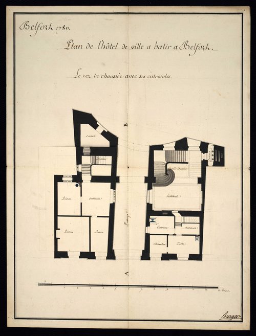 Belfort. - Construction, réparation de la maison commune : devis, marché, plans, procès-verbaux du bureau du district, correspondance (1780-1789). Construction d'une boucherie (1724). Rempiètement de la maison seigneuriale et des halles : cahier des charg