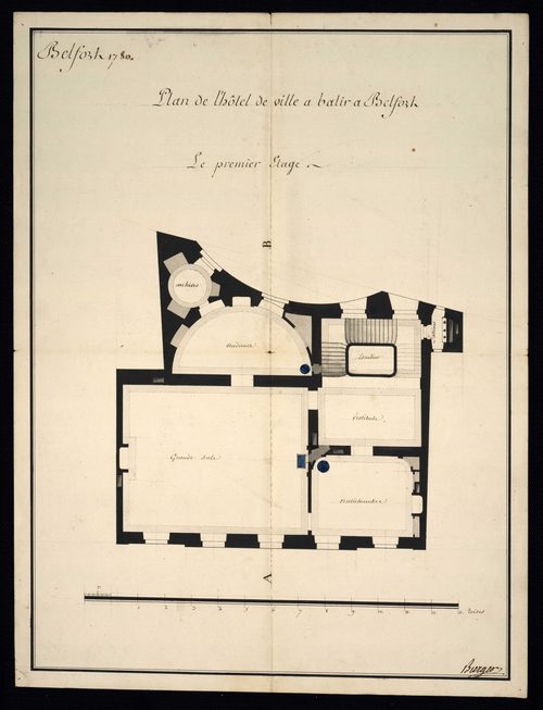 Belfort. - Construction, réparation de la maison commune : devis, marché, plans, procès-verbaux du bureau du district, correspondance (1780-1789). Construction d'une boucherie (1724). Rempiètement de la maison seigneuriale et des halles : cahier des charg