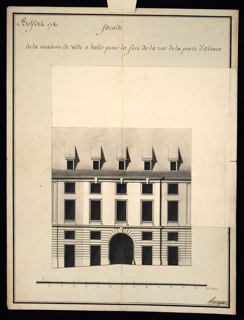Belfort. - Construction, réparation de la maison commune : devis, marché, plans, procès-verbaux du bureau du district, correspondance (1780-1789). Construction d'une boucherie (1724). Rempiètement de la maison seigneuriale et des halles : cahier des charg