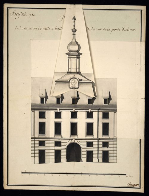Belfort. - Construction, réparation de la maison commune : devis, marché, plans, procès-verbaux du bureau du district, correspondance (1780-1789). Construction d'une boucherie (1724). Rempiètement de la maison seigneuriale et des halles : cahier des charg