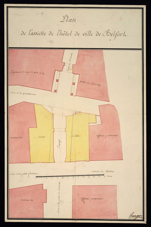 Belfort. - Construction, réparation de la maison commune : devis, marché, plans, procès-verbaux du bureau du district, correspondance (1780-1789). Construction d'une boucherie (1724). Rempiètement de la maison seigneuriale et des halles : cahier des charg