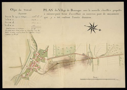 Entretien et rectifications de la route de Delle à Porrentruy par Grandvillars et Bourogne : ordonnance, rapport de l'ingénieur, requêtes, devis, état des « pionniers » et voitures nécessaires aux travaux, plans, correspondance.