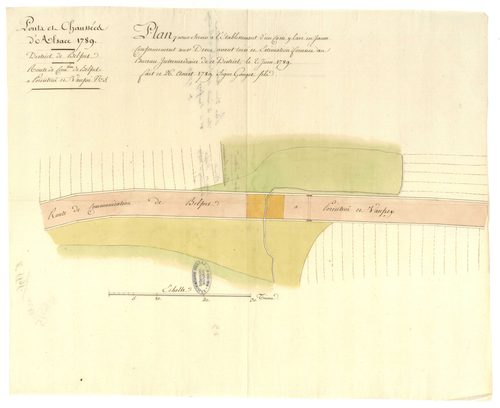 Entretien et rectifications de la route de Delle à Porrentruy par Grandvillars et Bourogne : ordonnance, rapport de l'ingénieur, requêtes, devis, état des « pionniers » et voitures nécessaires aux travaux, plans, correspondance.