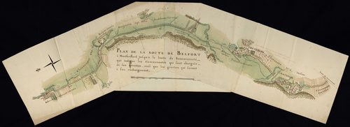 Corvées : plans indiquant les tâches d'entretien assignées aux villes et communes à proximité, route de Belfort à Montbéliard, route de Belfort à Porrentruy, route de Belfort à Besançon.