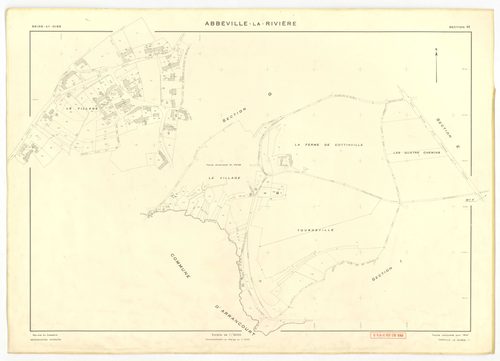 Plans minutes de conservation : ABBEVILLE-LA-RIVIERE : tableau d'assemblage, ech. 1/10000, sections A ,B, C, D, E, F, G, H, I , J , K, W (1955), section J (1969), ech. 1/2000, NB, papier, 105x80 [14 plans]. 
