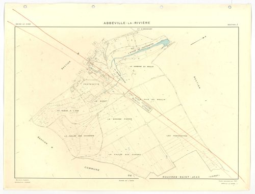 Plans minutes de conservation : ABBEVILLE-LA-RIVIERE : tableau d'assemblage, ech. 1/10000, sections A ,B, C, D, E, F, G, H, I , J , K, W (1955), section J (1969), ech. 1/2000, NB, papier, 105x80 [14 plans]. 